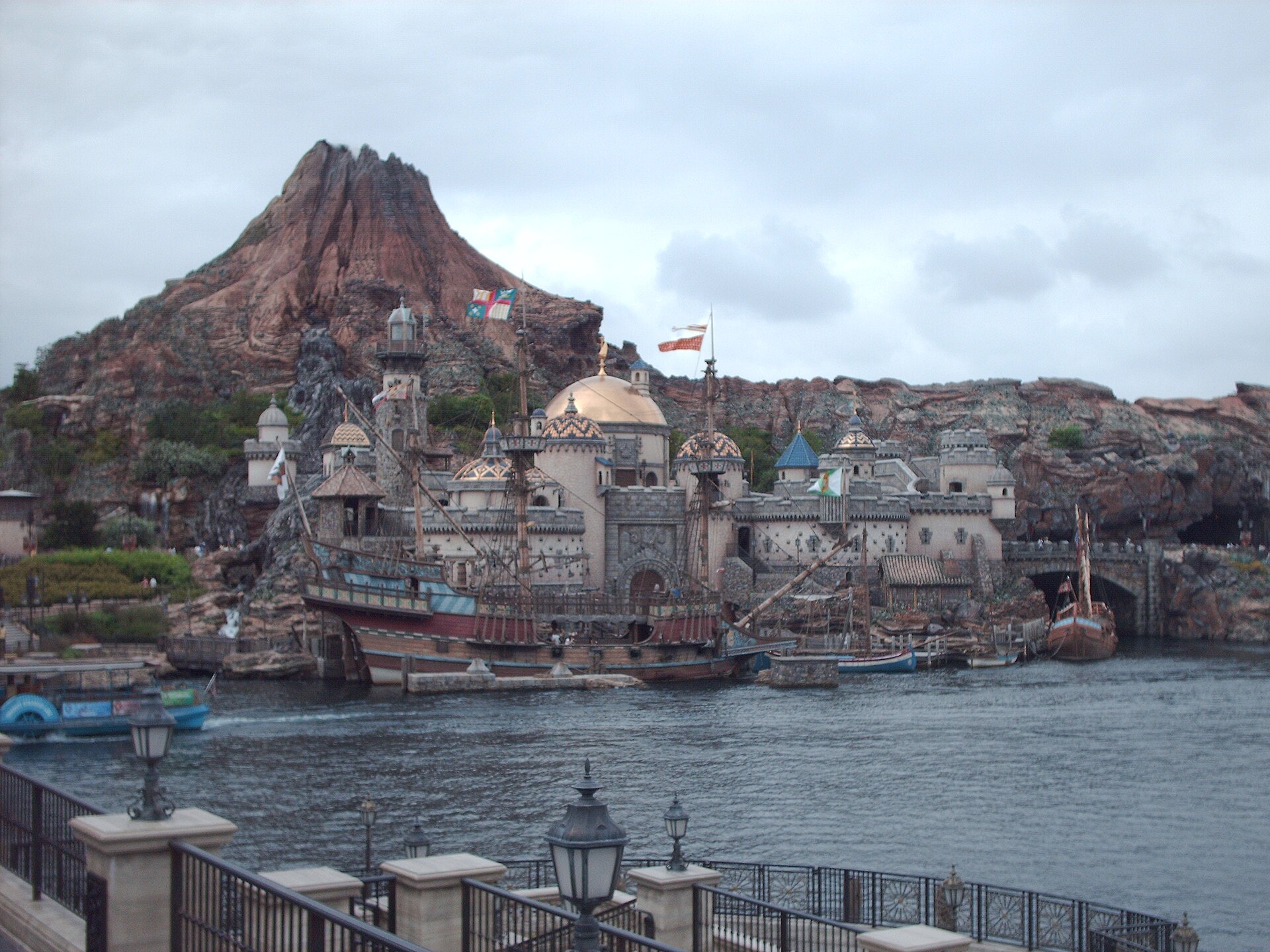 Mount Prometheus rising over Mysterious Island at Tokyo DisneySea, home of Journey to the Center of the Earth