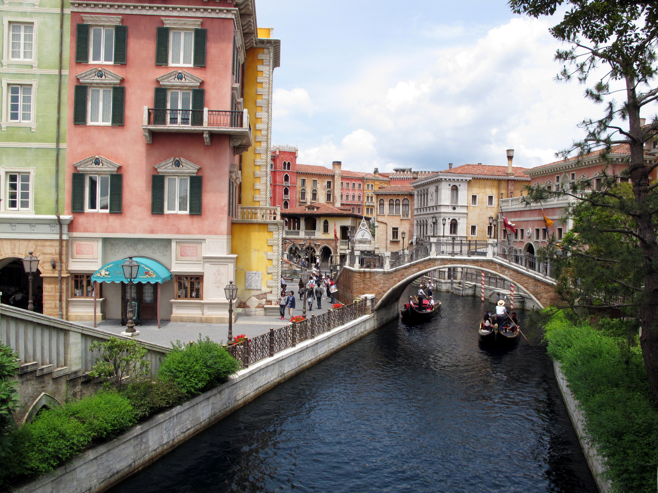 Venice-style canals in Mediterranean Harbor at Tokyo DisneySea, home of Venetian Gondolas