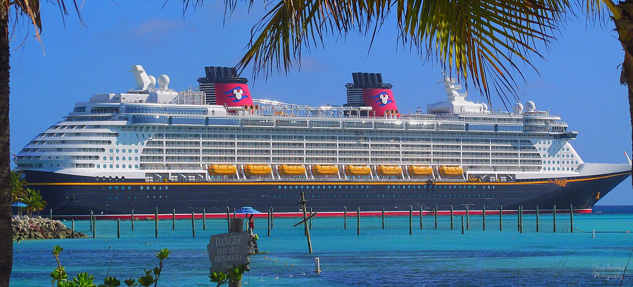 Disney Fantasy cruise ship docked at Castaway Cay in the Bahamas