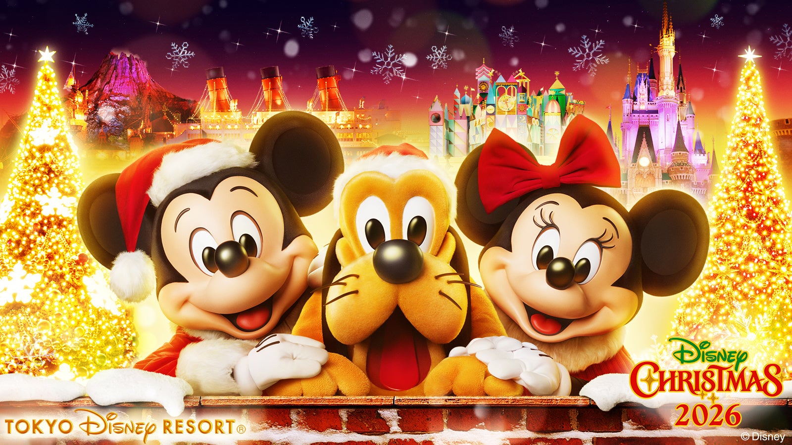 Official Disney Christmas 2026 key art for Tokyo Disney Resort with Mickey, Pluto, and Minnie